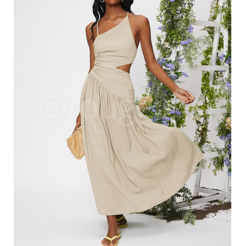 Linen Asymmetrical Beige Dress Cut Out Ruched Maxi Lace Up Back